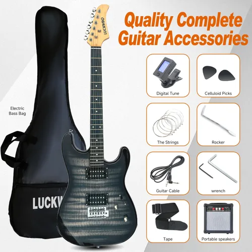 Vista 2 de Kit de inicio de guitarra eléctrica estilo ST de tamaño completo de 39 pulgadas con pastilla HH, amplificador portátil de 20 W, afinador, bolsa