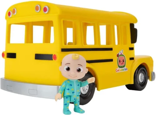 Vista 3 de CoComelon Autobús escolar amarillo musical oficial, reproduce clips de "Wheels on The Bus", con figura JJ extraíble, juguetes de personajes