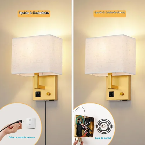 Vista 5 de Aplique de pared enchufable, lámpara de pared de cabecera con enchufe y interruptor regulable, con puerto de carga USB y toma de corriente, adecuado