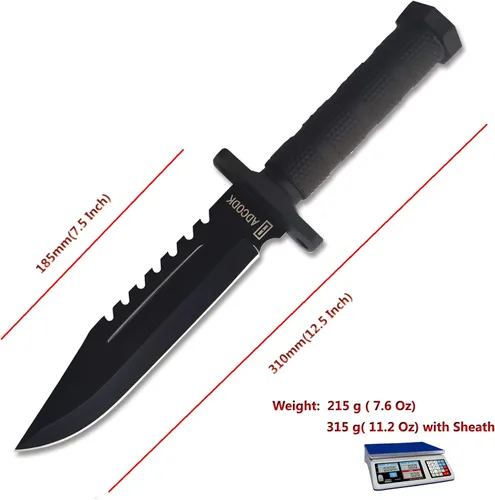 Vista 2 de Cuchillo táctico Bowie con funda de hoja fija cuchillos de caza de supervivencia con mango antideslizante y afilador y arrancador de fuego