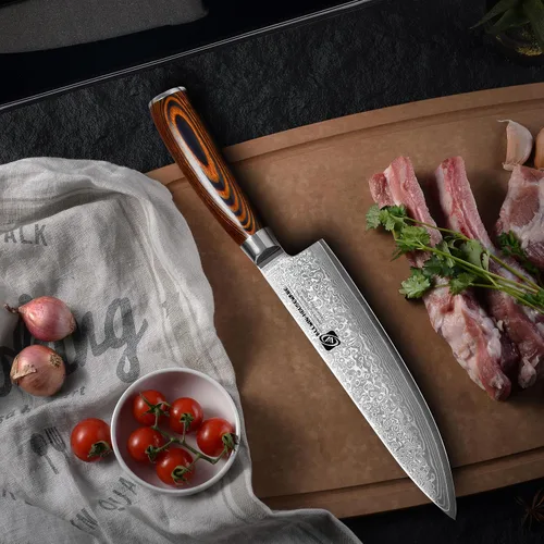 Vista 7 de Cuchillo de chef profesional de Damasco, 67 capas hecho a mano de 8 pulgadas, cuchillo de chef de Damasco, VG10 Super Steel Core