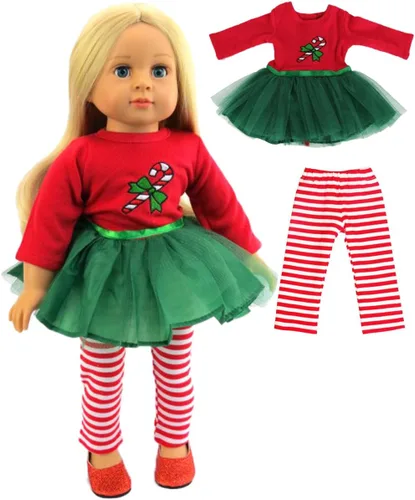 Vista 13 de American Fashion World Set de Vestido Tutu de Cane de Caramelo para Muñecas de 14 Pulgadas Incluye Leggings Calidad Premium y Diseño Moderno