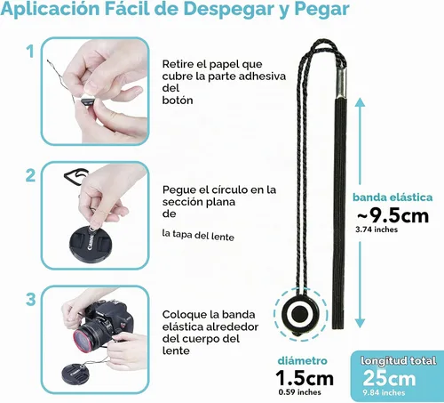 Vista 3 de Foto&Tech Correa con tapa para lente de cámara con cuerda elástica, compatible con cámaras DSLR SLR Evil sin espejo universales (1 pieza)