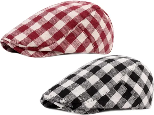 Vista 18 de Paquete de 2 gorras planas de algodón a cuadros para hombre, diseño de Ivy Cabbie Golf Gatsby