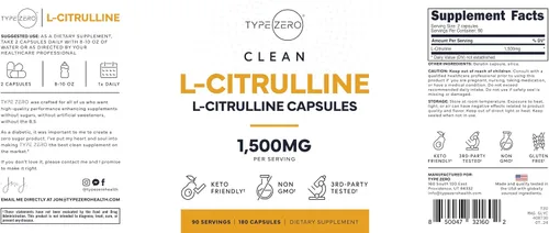 Vista 5 de Type Zero Cápsulas de L-citrulina (180 cápsulas) (1500 mg por porción), sin OMG