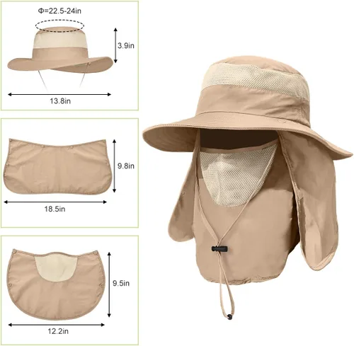 Vista 5 de Sombrero de pesca de ala ancha para hombre, 2 piezas, protección solar UPF 50+, extraíble, solapa para cara y cuello