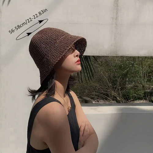 Vista 3 de Women Sun Hat Hand-Woven Packable Beach Bucket Hat Summer Floppy UV Protection Hats Café
