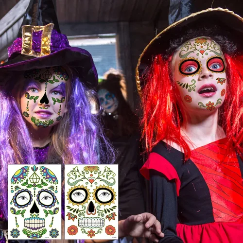 Vista 9 de Kit de maquillaje de tatuajes faciales del Día de los Muertos, paquete de 10 tatuajes temporales para Halloween, calavera de azúcar, rosas rojas