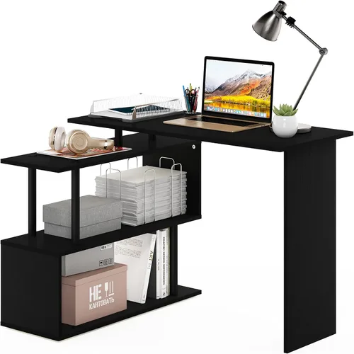 Vista 13 de Furinno Escritorio clásico, escritorio para juegos en forma de L de 40 pulgadas de ancho, escritorio para computadora, escritorio con estantes