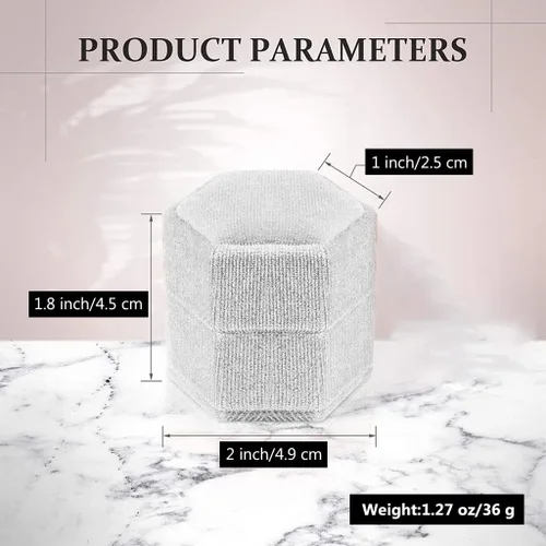 Vista 3 de Caja hexagonal de terciopelo para anillos con doble anillo, elegante caja de almacenamiento de joyas para propuestas, compromiso, aniversario, Blanco