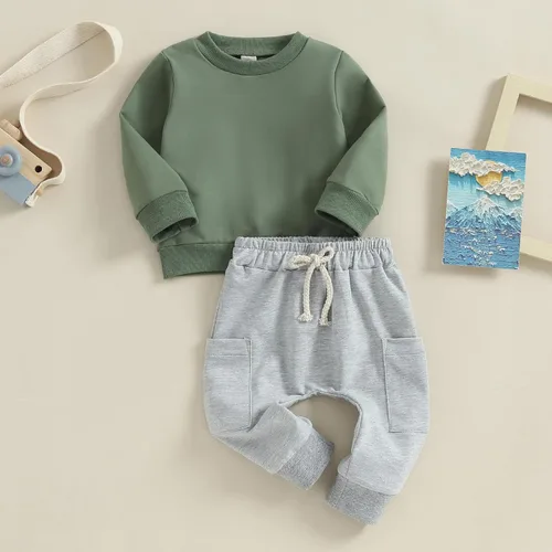 Vista 2 de Conjunto de sudadera de manga larga con cuello redondo y pantalones deportivos para bebés, ropa de invierno para bebé