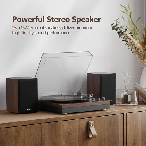 Vista 7 de Tocadiscos, tocadiscos de 3 velocidades con dos altavoces externos de 15 W, entrada Bluetooth, entrada auxiliar, reproducción USB y grabación