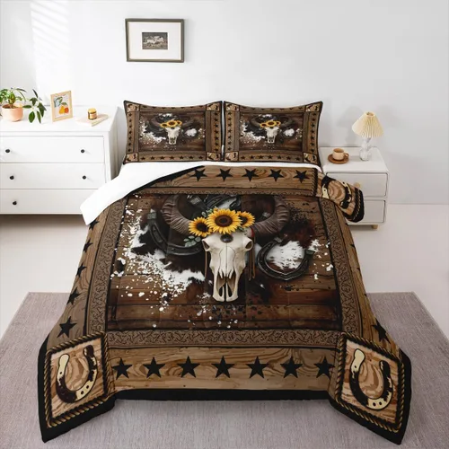 Vista 5 de Juego de edredón de calavera de vaca para niños, tamaño individual, juego de ropa de cama de herraduras de vaquero occidental, Texas Star