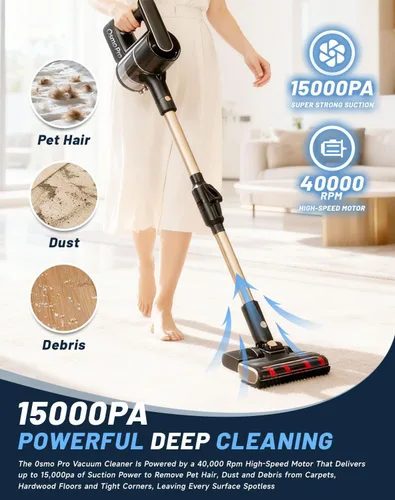 Vista 2 de Aspiradora, Osmo Provacuum - Potente succión de 15000 pa, revelación de polvo de luz verde ancha de 140°, aspiradora plegable, rodillo antienredos