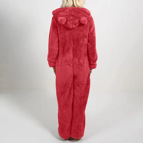 Vista 3 de Enterizo de una pieza para mujer, cómodo pijama de sherpa peluda con capucha para la familia, con cremallera, otoño e invierno