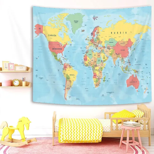 Vista 6 de Tapiz de mapa del mundo, mapas mundiales para pared, Asia Europa, topografía de la ciudad del sur de América, África y Japón, tapices educativos