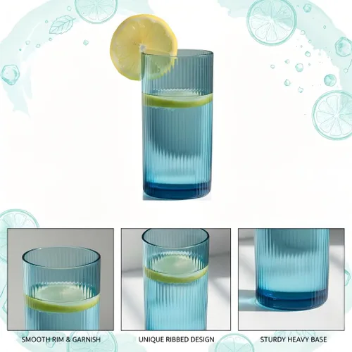Vista 3 de Physkoa Juego de 6 vasos de bebida acanalados azules – Cristalería con relieve vintage, vasos gruesos y duraderos para agua, jugo, cócteles, café