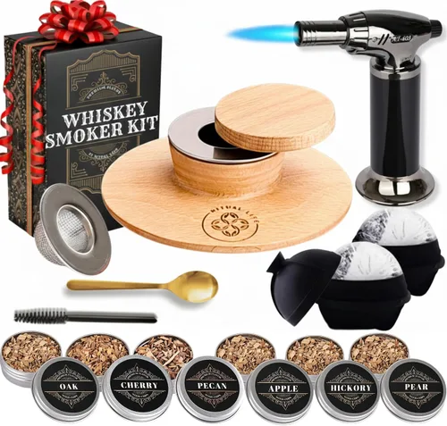 Vista 10 de Kit de Ahumador de Whisky - Kit de Ahumador de Cóctel con Soplete, 2 Vasos de Whisky, 2 Fabricantes de Bolas de Hielo, Virutas de Madera de 6