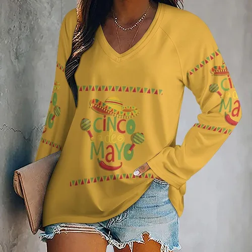 Vista 2 de Cinco De Mayo - Camisetas de manga larga con cuello en V para mujer