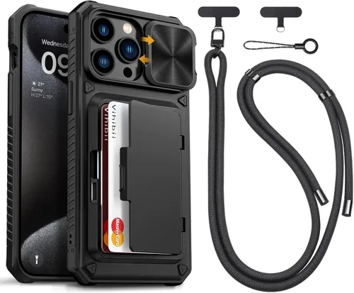 Vista 46 de Vihibii Funda para iPhone 13 Pro Max/iPhone 12 Pro Max con tarjetero (4 tarjetas) [bloqueo RFID] y cubierta de cámara deslizante, protección contra