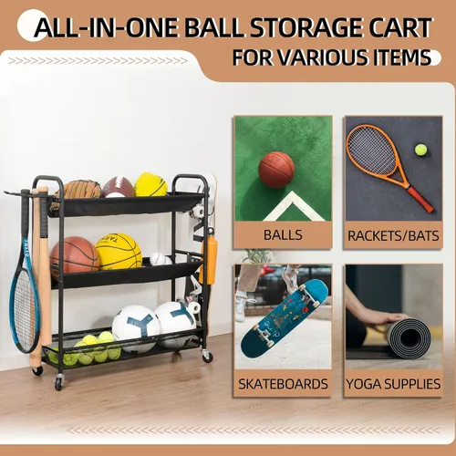 Vista 6 de STORAGE MANIAC - Soporte de entrenamiento de 3 estantes con ruedas Sports Ball Cart with Hooks, Rolling Ball Basket Storage for Garage or Gym