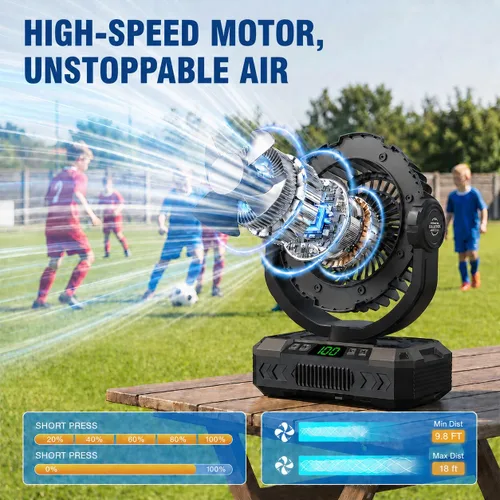 Vista 3 de Ventilador de camping recargable de 9 pulgadas 【Oscilante automático, máximo 60H】Ventilador portátil de 20000 mAh, funciona con pilas, luz Negro