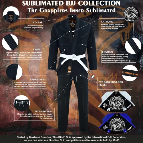 Vista 2 de The Grapplers interior sublimado Pro Brazilian Jiu Jitsu BJJ Kimono Gi Uniforme Unisex Cinturón blanco incluido