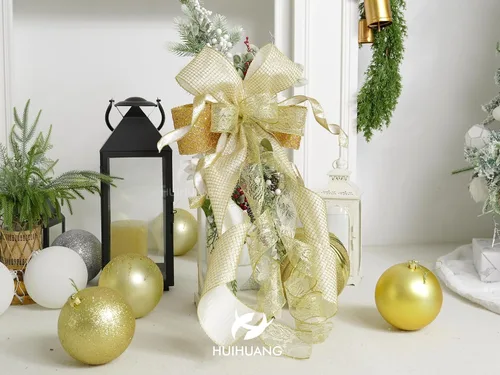 Vista 6 de HUIHUANG Cinta de encaje con alambre para árbol de Navidad, 2.5 pulgadas x 25 yardas, cinta de alambre con purpurina dorada para árbol de Navidad