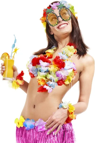 Vista 6 de 8 Pieces Hawaiian Grass Hula Skirt Costume Set Necklace Garland Bracelet Bikini Top for Women Tropical Luau Party Decoration