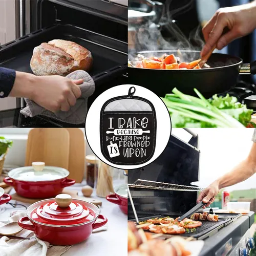 Vista 6 de ZJXHPO Almohadillas para horno de regalo para hornear, soporte para ollas I Bake Because Punching People is Frowned Upon Hot Pads (Frunción sobre)