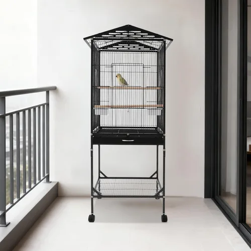 Vista 4 de Jaula grande para pájaros, jaulas movibles para pájaros con ruedas, 4 ventanas de alimentación, bandeja deslizante, aviario panorámico para pájaros
