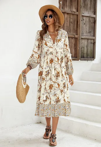 Vista 2 de R.Vivimos - Vestido por debajo de la rodilla de estilo bohemio para mujer, vestido de manga larga, con estampado floral retro y cuello en V con borla