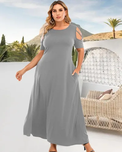 Vista 7 de LAPA Women's Plus Size Cold Shoulder Maxi Dress, Short Sleeve Casual Loose Long Dresses with Pockets