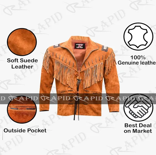 Vista 3 de Chaqueta de cuero vaquero occidental para hombre, gamuza real y flecos, abrigo nativo americano, color marrón tostado, talla 3XL grande RP-786 0