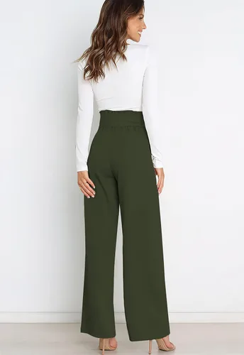 Vista 4 de ebossy Pantalones palazzo elásticos de cintura alta para mujer, pierna ancha, casual, elegante, para negocios, fiesta, pantalones largos con cinturón