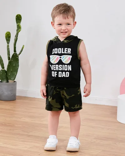 Vista 3 de SANMIO Conjunto de ropa de verano con capucha y pantalones cortos sin mangas con bolsillos, conjunto de ropa de 2 piezas para niño pequeño