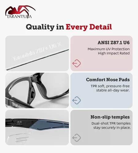 Vista 4 de Gafas de seguridad Tarantula Z87.1 para hombres y mujeres, patillas de TPR suave, lentes transparentes antiempañamiento, bloqueo de luz azul