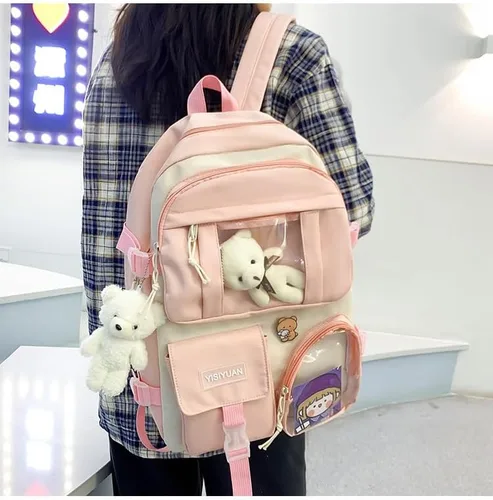 Vista 4 de HOKMAH Mochila Kawaii con pin Kawaii y accesorios, linda bolsa Y2K Ita Bag Daypack Itabag bolsa de uso diario bolsa de hombro, rosa con colgante