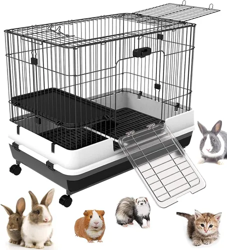 Vista 10 de Jaula de lujo de 2 niveles para conejos, conejillos de indias, para cachorros y gatitos Negro