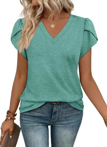 Vista 24 de WIHOLL Camisetas casuales de verano con cuello en V para mujer Negro