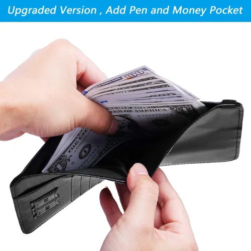 Vista 3 de Funda para pasaporte, cartera, artículos esenciales de viaje, con bloqueo RFID, funda de piel para tarjetas de viaje internacionales, accesorios