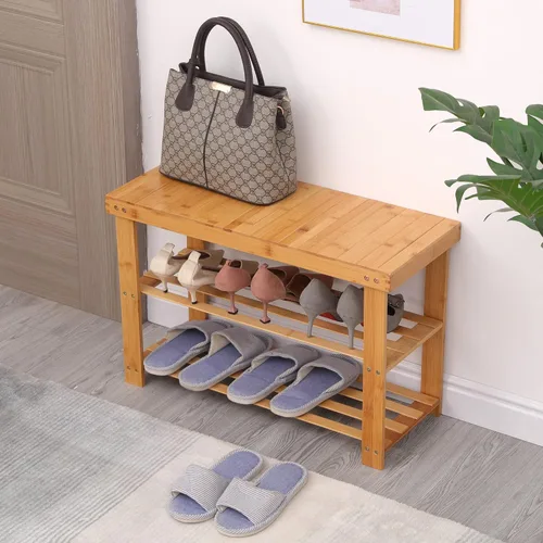 Vista 9 de Estante para zapatos, organizador de zapatos de bambú de 3 niveles, estante de almacenamiento para zapatos, banco de entrada, soporta hasta 300