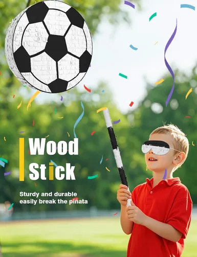 Vista 4 de Piñata de fútbol – Incluye palo de madera, vendaje de ojos y confeti – 13 x 13 x 3 pulgadas – Perfecto para decoraciones de fiestas deportivas