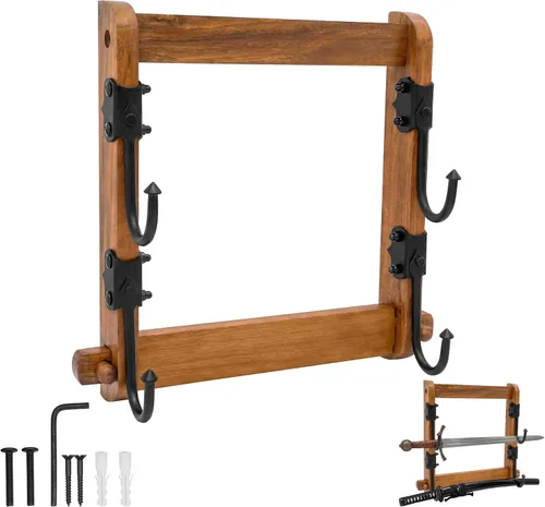 Vista 9 de Mythrojan Soporte de espada medieval de madera maciza horizontal para katana, samurái, gladiador, espadas cruzadas, soporte de mesa elegante, 1 nivel