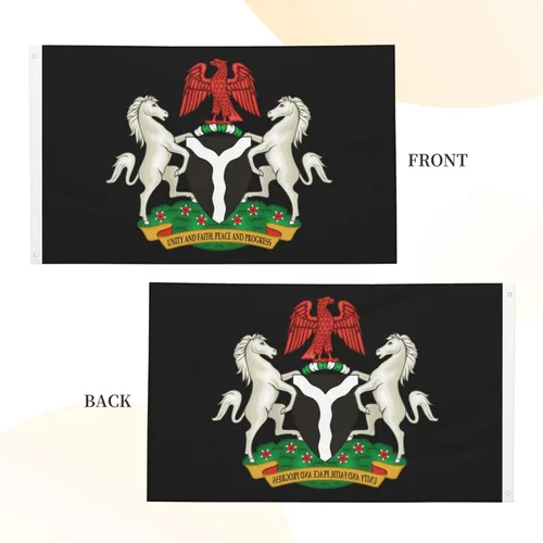 Vista 7 de Bandera de Nigeria con escudo de armas de Nigeria de 3 x 5 pies, banderas de doble cara para exteriores, banderas decorativas duraderas para patio