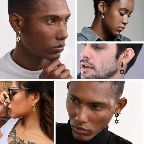 Vista 3 de Star of David Earrings for Men Women, Punk Jewelry, BlackGold Plated Stainless Steel, Hypoallergenic for Sensitive Ears, Come Gift Box