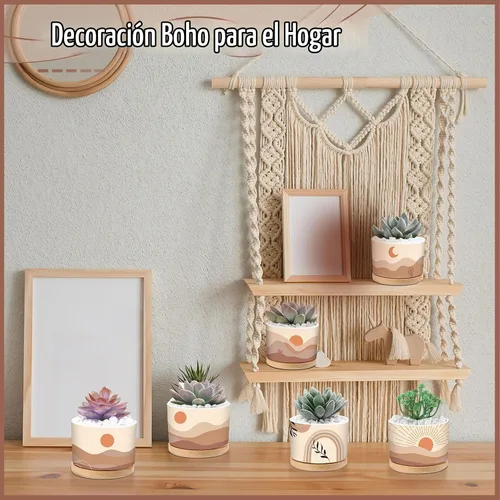 Vista 5 de Qinyoung 6 juegos de macetas Boho para suculentas, modernas macetas de cerámica con bandeja de bambú para plantas de interior, Aloe, Cactus