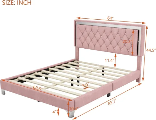 Vista 2 de Cama de plataforma tapizada moderna de tamaño Queen con luces LED, marco de cama de terciopelo rosa con cabecera capitonada de cristal, cama