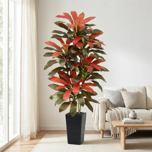 Vista 21 de Árbol de Dracaena artificial rojo de 6 pies, plantas falsas altas Hoja blanco-roja