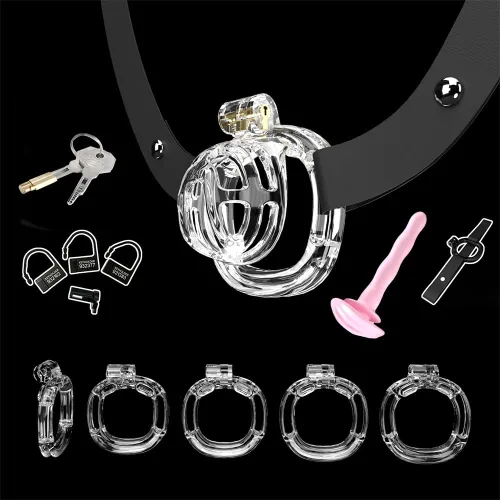 Vista 13 de Heuceo Jaula de castidad pequeña y ligera con 4 anillos y cinturón de castidad y dilatador uretral de silicona para hombre, mini jaula de pene liso
